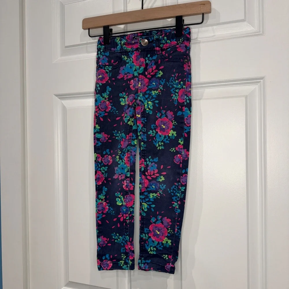 The Childrens Place Girls Floral Jeggings Navy Blue Pink‎ Stretch Pants Size 5